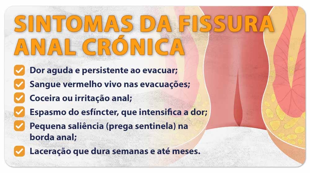 Sintomas da fissura anal crônica
Dor aguda e persistente ao evacuar;
Sangue vermelho vivo nas evacuações;
Coceira ou irritação anal;
Espasmo do esfíncter, que intensifica a dor;
Pequena saliência (prega sentinela) na borda anal;
Laceração que dura semanas e até meses.
