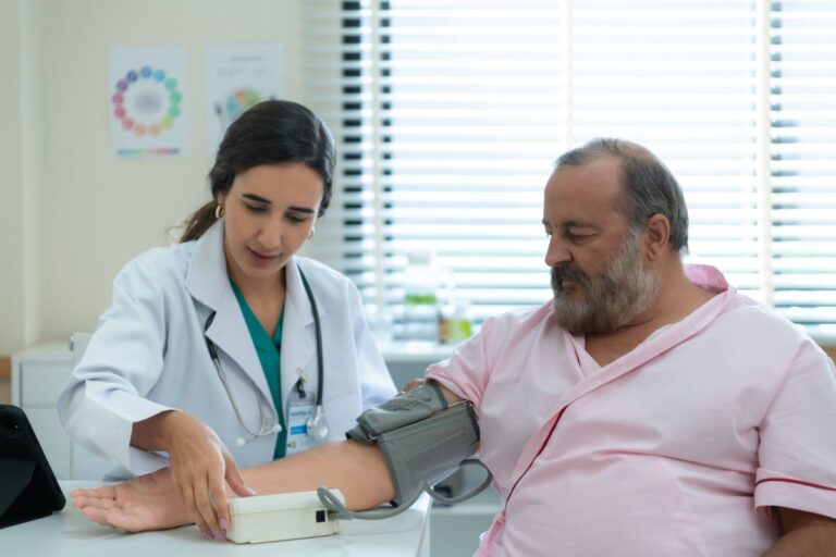 Homem realizando teste para identificar ou acopmanhar doenças cardiometabólicas com médica em consultório.